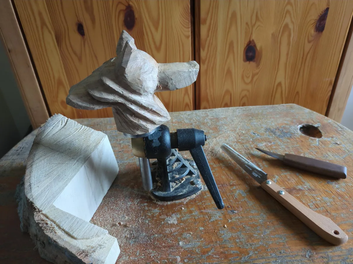 Wolf head in progress - roughed out on the carving stand